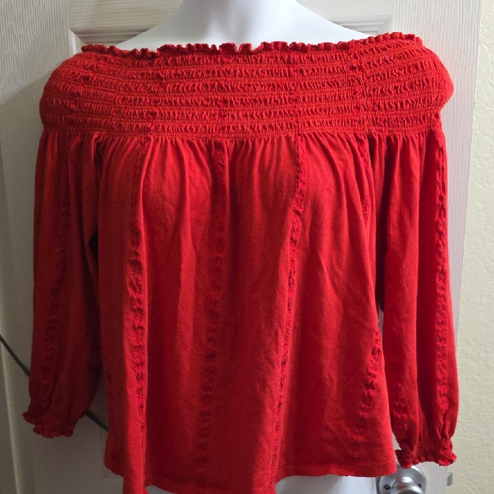 Lauren Ralph Lauren Red Off The Shoulder Ruffled Smocked Blouse Size M